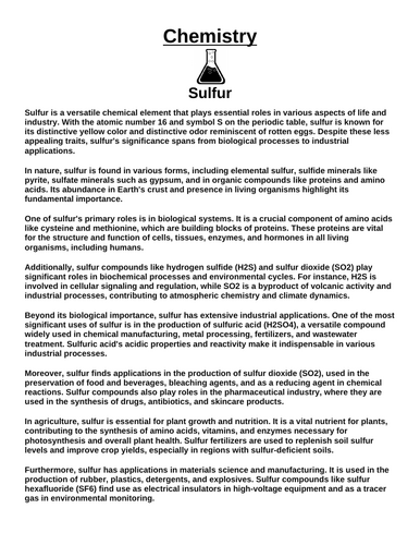 Chemistry: Sulfur “Article & Questions” Assignment