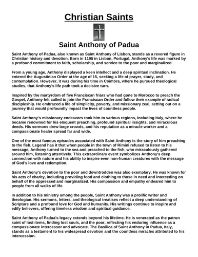 Saint Anthony of Padua “Article & Questions” Assignment
