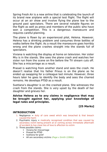 A-Level Law: Negligence + Psychiatric Injury Scenario + Model Plan & Answer - Eduqas Tort Law