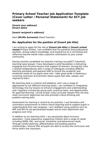 Editable Cover Letter Template for Primary School Teacher Job Applications (ECT or Experienced)