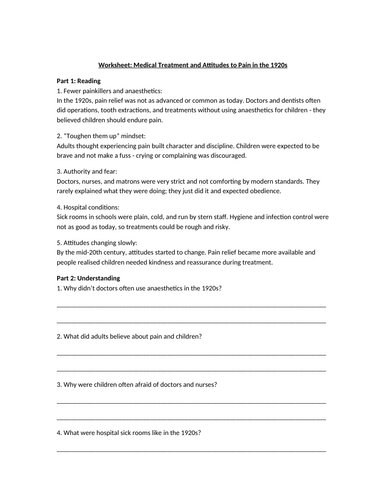 Medical Treatment and Attitudes to Pain in the 1920s Worksheet