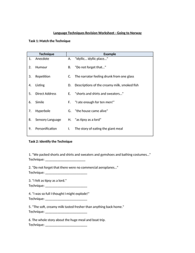 The Boy - Language Techniques Revision Worksheet - Going to Norway