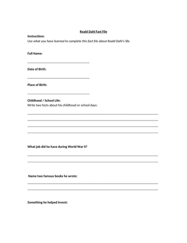 Roald Dahl Fact File Worksheet