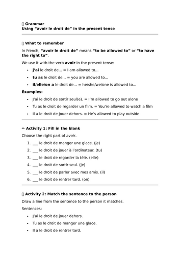 Studio 3 (Vert) - Module 5 - Mes droits - Grammar - Avoir le droit de