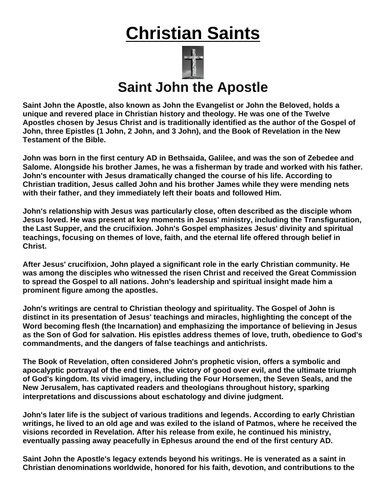 Saint John the Apostle “Article & Questions” Assignment