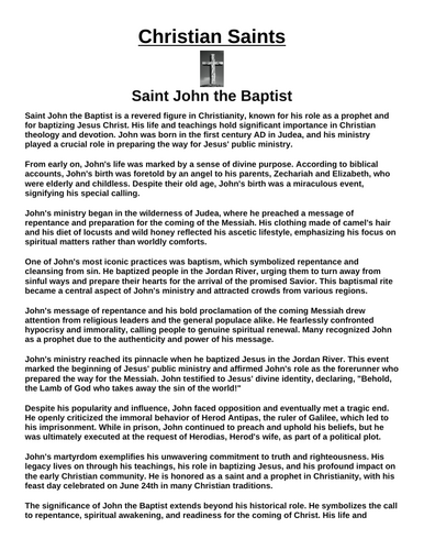 Saint John the Baptist “Article & Questions” Assignment