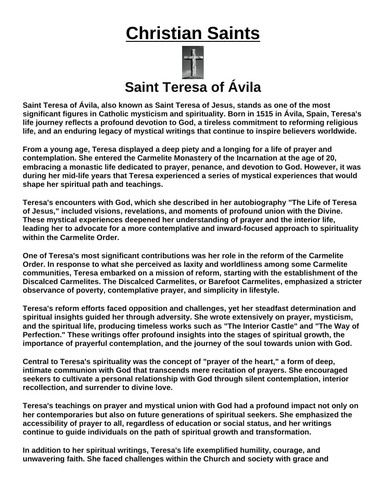 Saint Teresa of Ávila “Article & Questions” Assignment