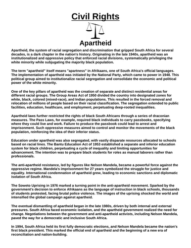 Civil Rights: Apartheid “Article & Questions” Assignment