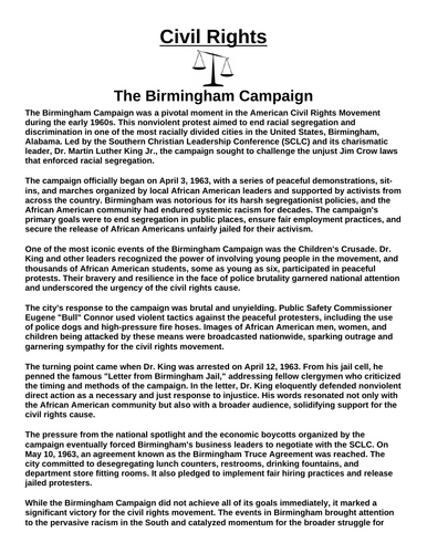 Civil Rights: Birmingham Campaign “Article & Questions” Assignment