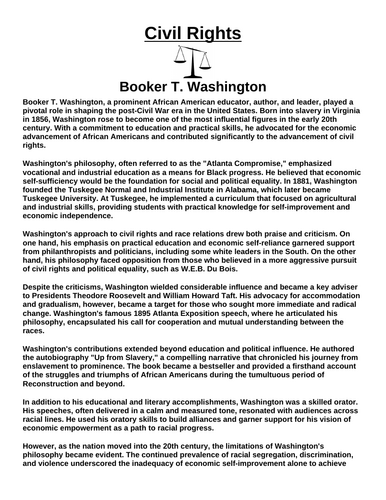 Civil Rights: Booker T. Washington “Article & Questions” Assignment