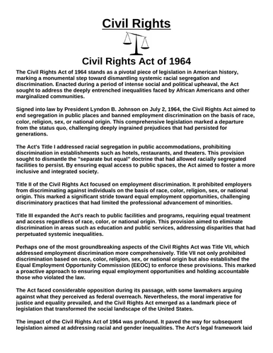 Civil Rights: Act of 1964 “Article & Questions” Assignment