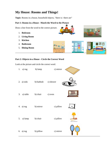 My House_Rooms and Things A1 ESL Worksheet