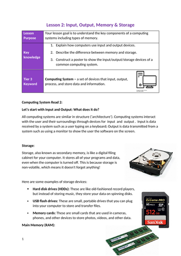 Computer Systems lesson 2 - Input, Output, Memory and Storage