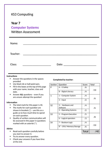 KS3 Computing NCCE - Computer Systems Assessment & Mark Scheme