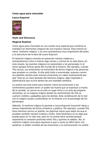 Como agua para chocolate – Laura Esquivel - Style and Structure – Magical Realism