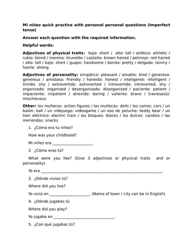 Mi niñez quick practice with personal personal questions (Imperfect tense)
