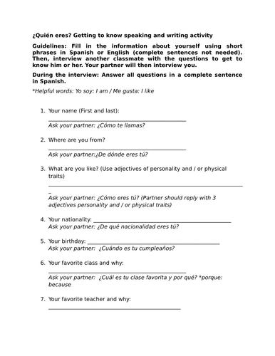 ¿Quién eres? Getting to know speaking and writing activity