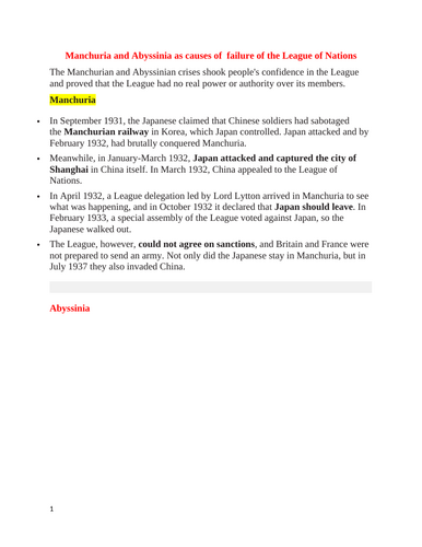 Abyssania and Manchuria Crises as  Reasons for the failure of League of Nations