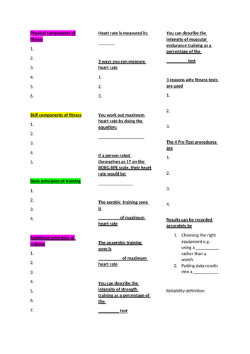 BTEC Sport 2022 Short Answer Recall Revision