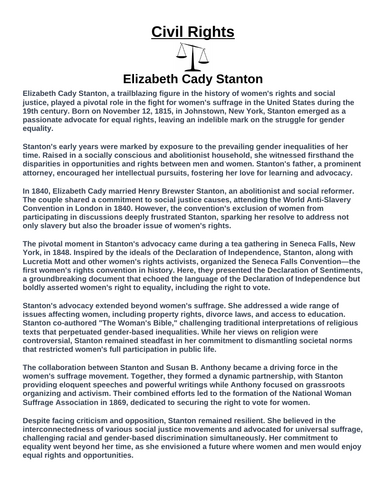 Civil Rights: Elizabeth Cady Stanton “Article & Questions” Assignment