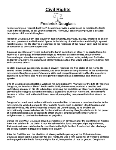Civil Rights: Frederick Douglass “Article & Questions” Assignment