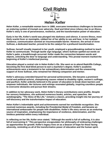 Civil Rights: Helen Keller “Article & Questions” Assignment