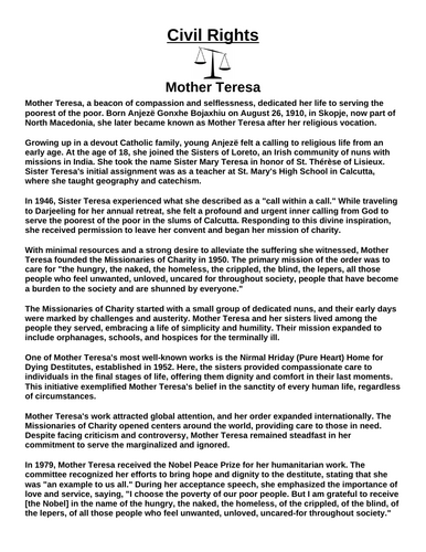 Civil Rights: Mother Teresa “Article & Questions” Assignment