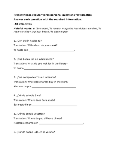 Present tense regular verbs personal questions fast practice