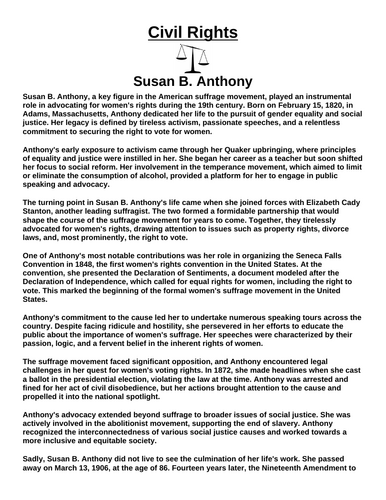Civil Rights: Susan B. Anthony “Article & Questions” Assignment