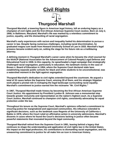 Civil Rights: Thurgood Marshall “Article & Questions” Assignment