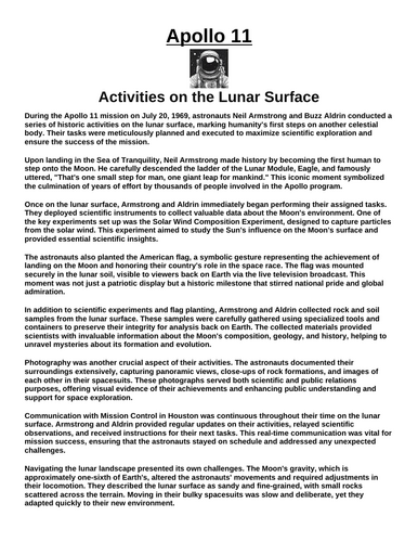 Apollo 11: Activities on the Lunar Surface “Article & Questions” Assignment