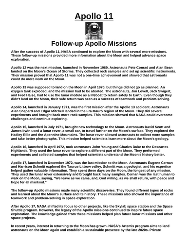 Apollo 11: Follow-up Apollo Missions and Continued Lunar Exploration “Article & Questions” Assignmen