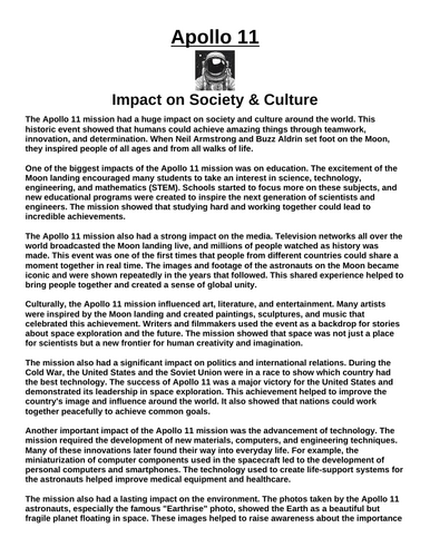 Apollo 11: Impact on Society & Culture “Article & Questions” Assignment