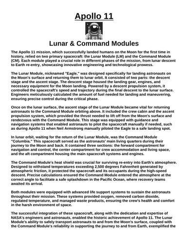 Apollo 11: Lunar & Command Modules “Article & Questions” Assignment