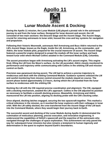 Apollo 11: Lunar Module Ascent & Docking with the Command Module “Article & Questions” Assignment