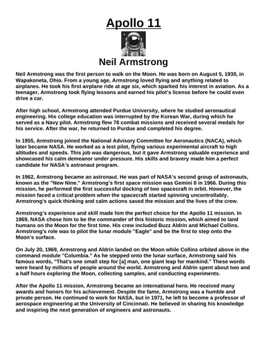 Apollo 11: Neil Armstrong “Article & Questions” Assignment