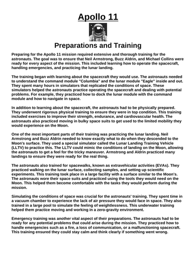 Apollo 11: Preparations and Training “Article & Questions” Assignment