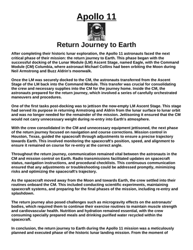 Apollo 11: Return Journey to Earth “Article & Questions” Assignment