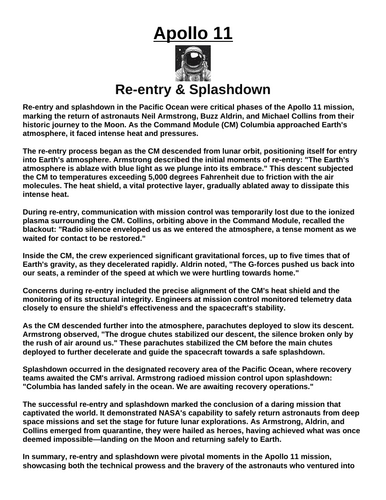 Apollo 11: Re-entry & Splashdown in the Pacific Ocean “Article & Questions” Assignment
