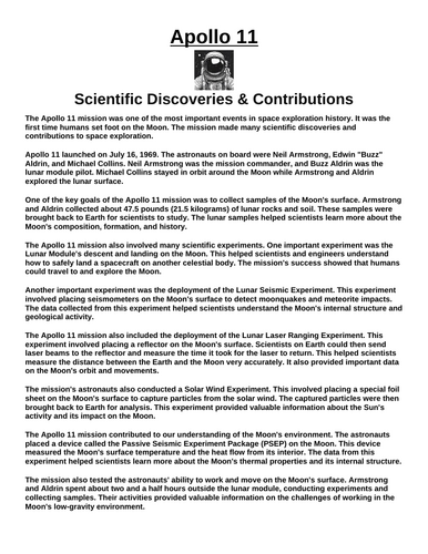Apollo 11: Scientific Discoveries & Contributions to Space Exploration “Article & Questions” Assignm