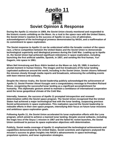 Apollo 11: Soviet Opinion & Response Article & Questions” Assignment