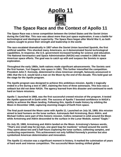 Apollo 11: The Space Race and the Context of Apollo 11 “Article & Questions” Assignment