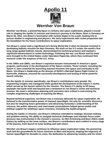 Apollo 11: Wernher Von Braun “Article & Questions” Assignment