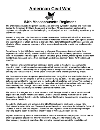 54th Massachusetts Regiment “Article & Questions” Assignment