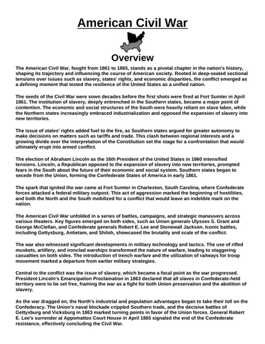 American Civil War: Overview “Article & Questions” Assignment