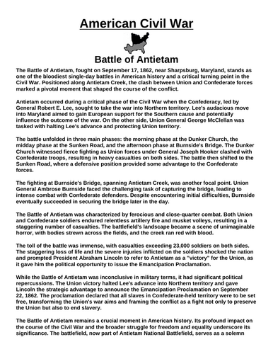 Battle of Antietam “Article & Questions” Assignment