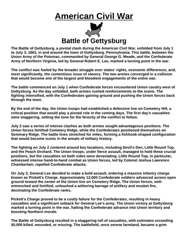 Battle of Gettysburg “Article & Questions” Assignment