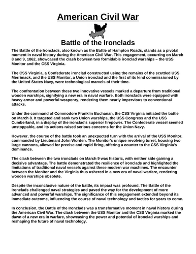 Battle of the Ironclads “Article & Questions” Assignment