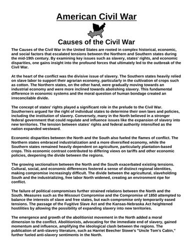 Causes of the American Civil War “Article & Questions” Assignment