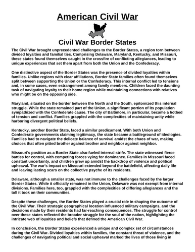 American Civil War Border States “Article & Questions” Assignment